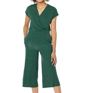 Green Short-Sleeve Surplice Cropped Wide Leg Jumpsuit